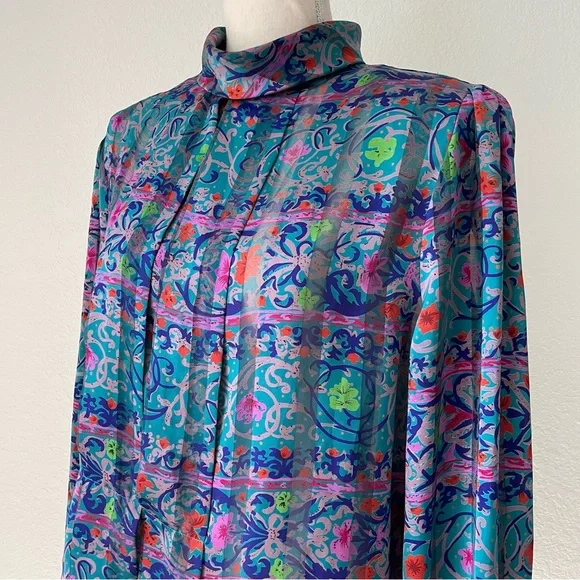 NICOLA AMAZING VINTAGE FLORAL MOCK NECK BUTTON DOWN BALOON SLEEVE BLOUSE TOP - Picture 13 of 16